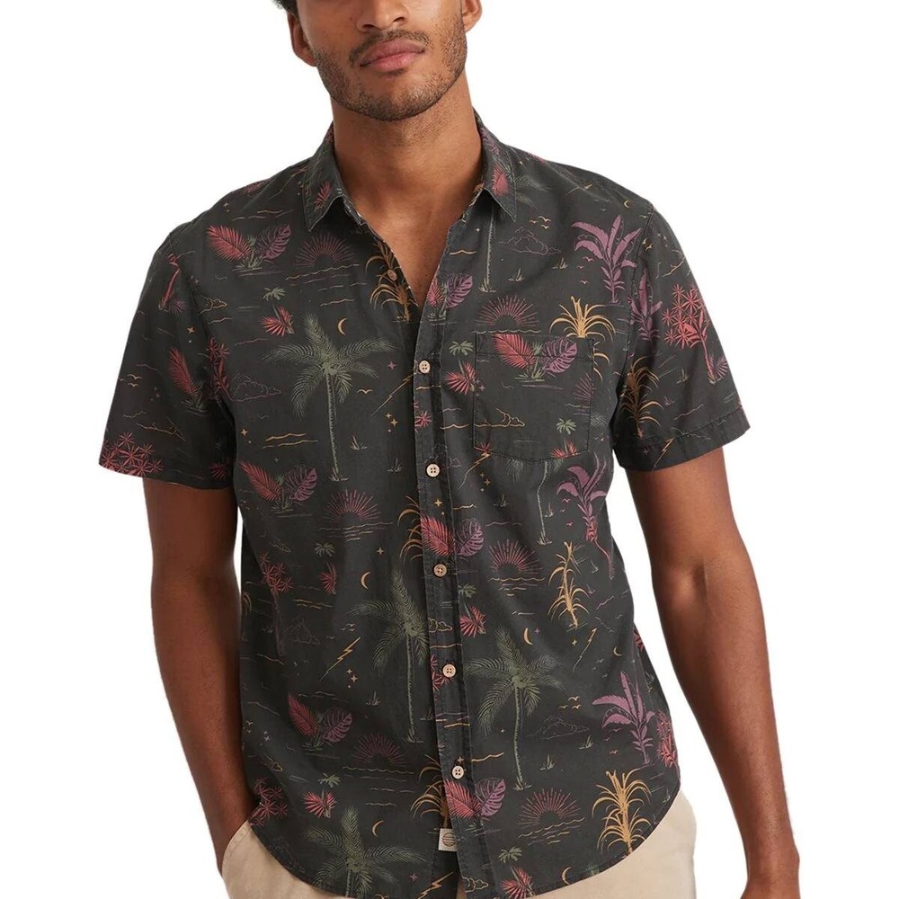 Marine Layer Mens Large Tropical Palm Tree Button Down Shirt Charcoal Cotton